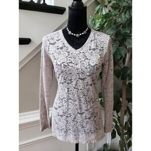 Logo Layers Women's Beige Floral Nylon Casual V-Neck Long Sleeve Top Blouse M